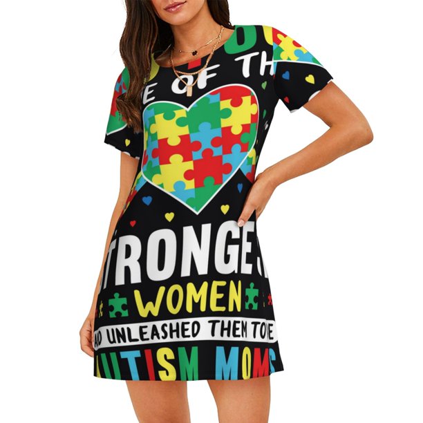 Fotbe I Love With Autism Bata de Dormir para Mujer con Estampado, Camisón de Algodón de Manga Corta, Ropa de Dormir Casual