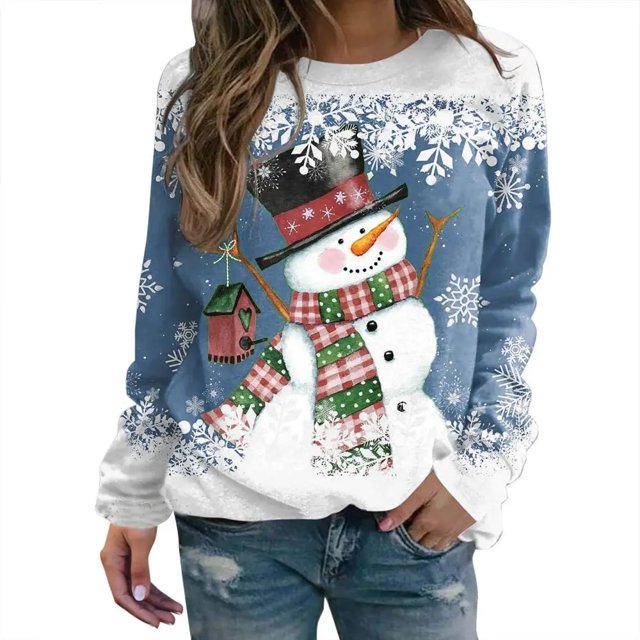 New Christmas Moose Print Ladies T-shirt Cotton Kawaii Cartoon Style Sweater Autumn O Neck Oversized Long Sleeve Female Pullover