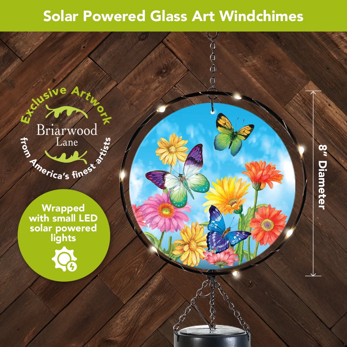 Briarwood Lane Spring LED Illuminated Solar Powered Glass Suncatcher  Wind Chime 37x8 Welcome Butterflies For Spring Wind Chime For Outdoors Melodic Metal Windchimes Wind-Chimes