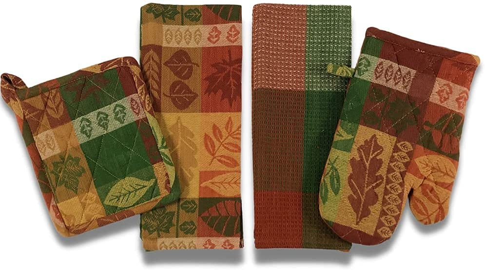 Serafina Home Fall Harvest Thanksgiving Kitchen Towels and Pot Holder Set: Colorful Shades of Autumn Jacquard Leaves Pumpkin (Kitchen Set)