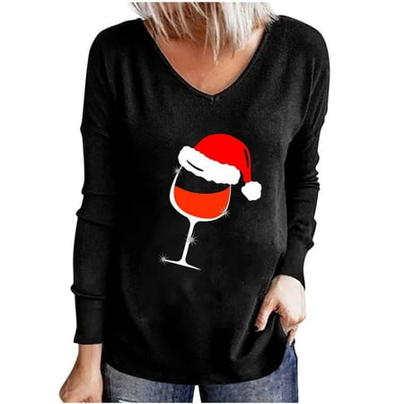 

Christmas Shirts for Womens Party Wine Glass Graphic Print T-Shirt Loose Casual V Neck Long Sleeve Tops Blouse