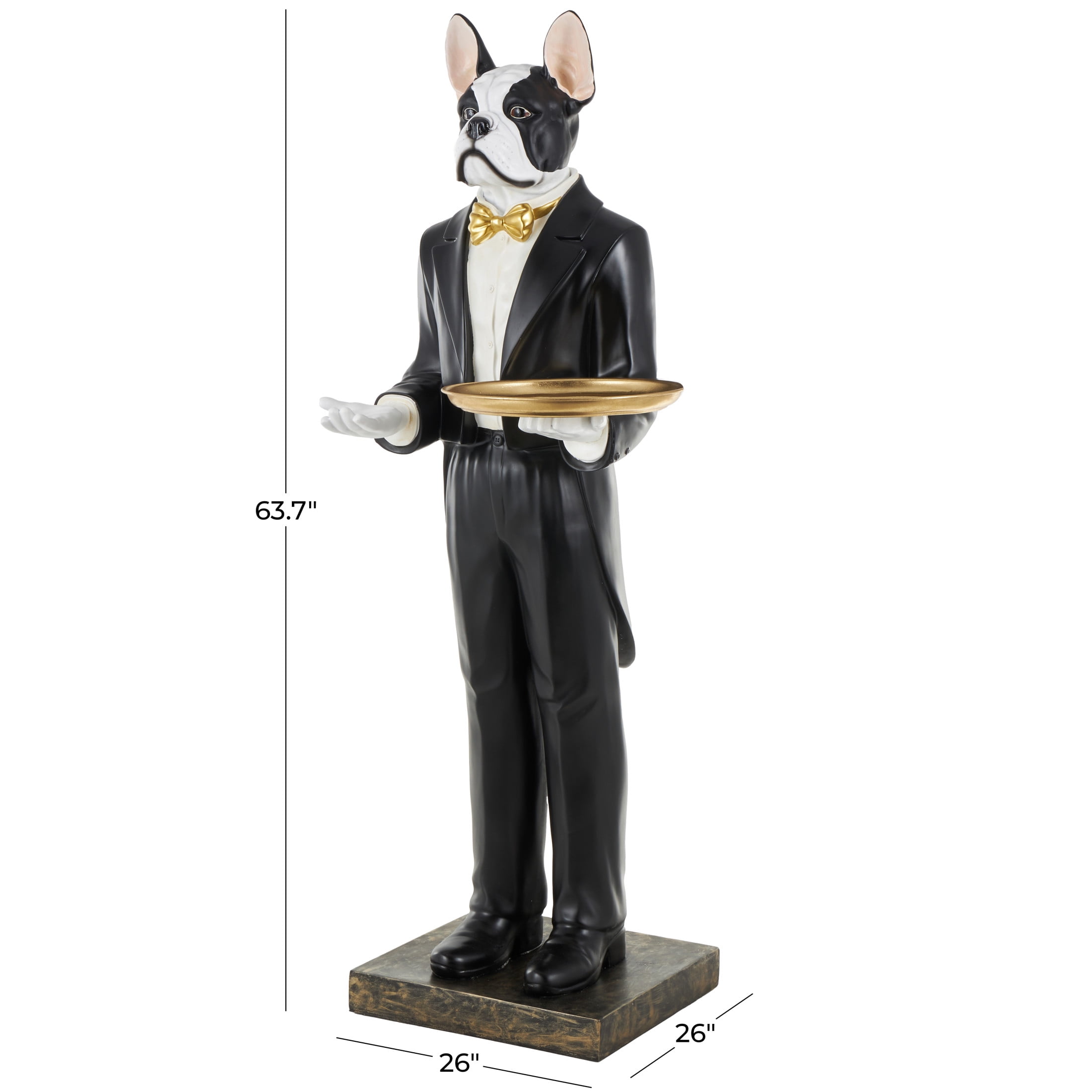 26" x 64" White Resin Floor Waiter Dog Sculpture with Gold Bow Tie and Plate, by DecMode