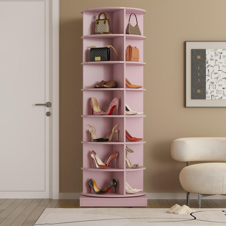 PORKISS 7 Layer Rotating Shoe Cabinet Modern Tall Shoe Rack with Open Storage Space Hold 28 Paris shoes Freestanding 360 Rotating Shoe Rack Tower Round ShoeRack for Home Pink Walmart