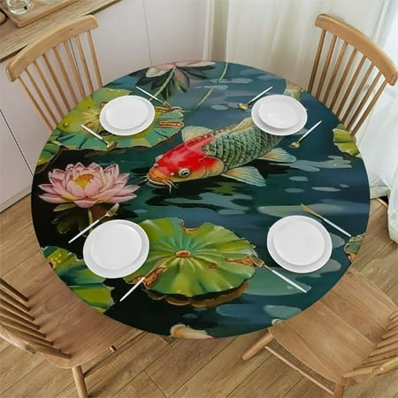 

Palnkart Fish Lily Pads Pink Flower Round Table Cover Stain Resistant Washable 100% Polyester Fiber Perfect for Indoor Outdoor Kitchen Dining Wedding Parties Tablecloth 38-42