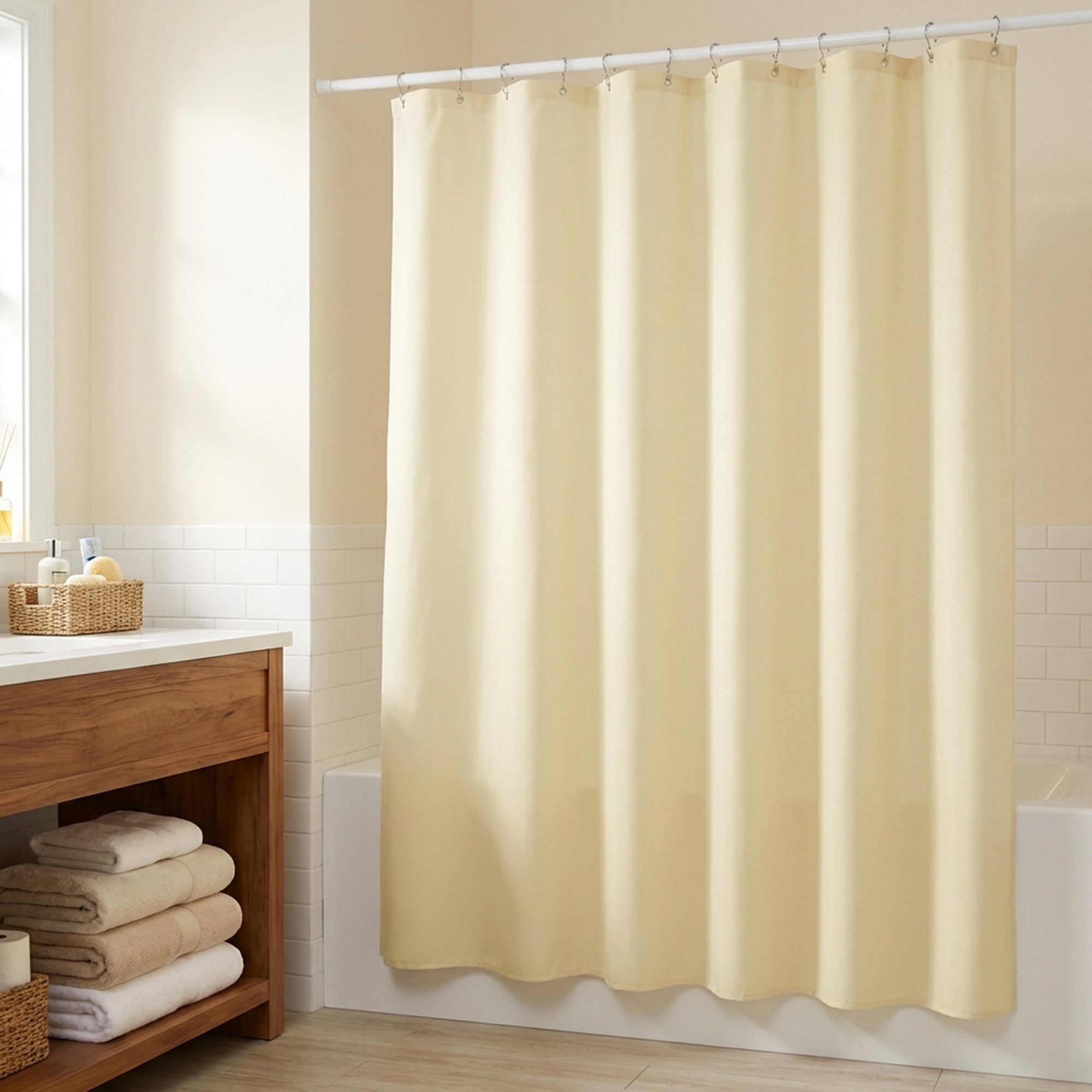 Unique Bargains Waterproof Shower Curtain Sets with 12 Hooks Light Yellow 71"W x 71"L