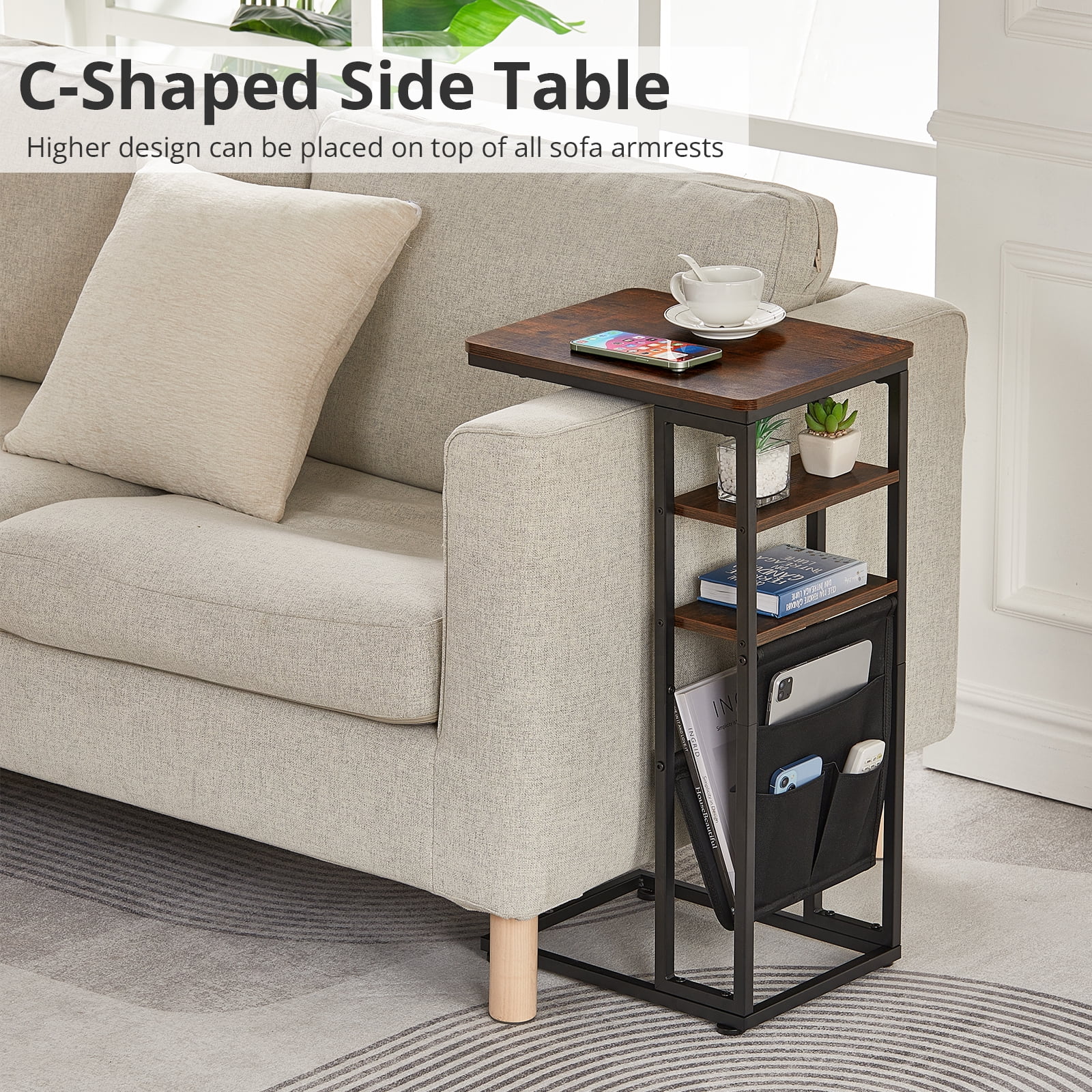 ZEXVIDA C Shaped Side Table, 3 Tier Sofa End Tables with Storage Bag, Sturdy Slide Under Sofa Slim Side Tables with Metal Frame for Small Spaces, Living Room, Bedroom, Industrial (Rustic Brown)