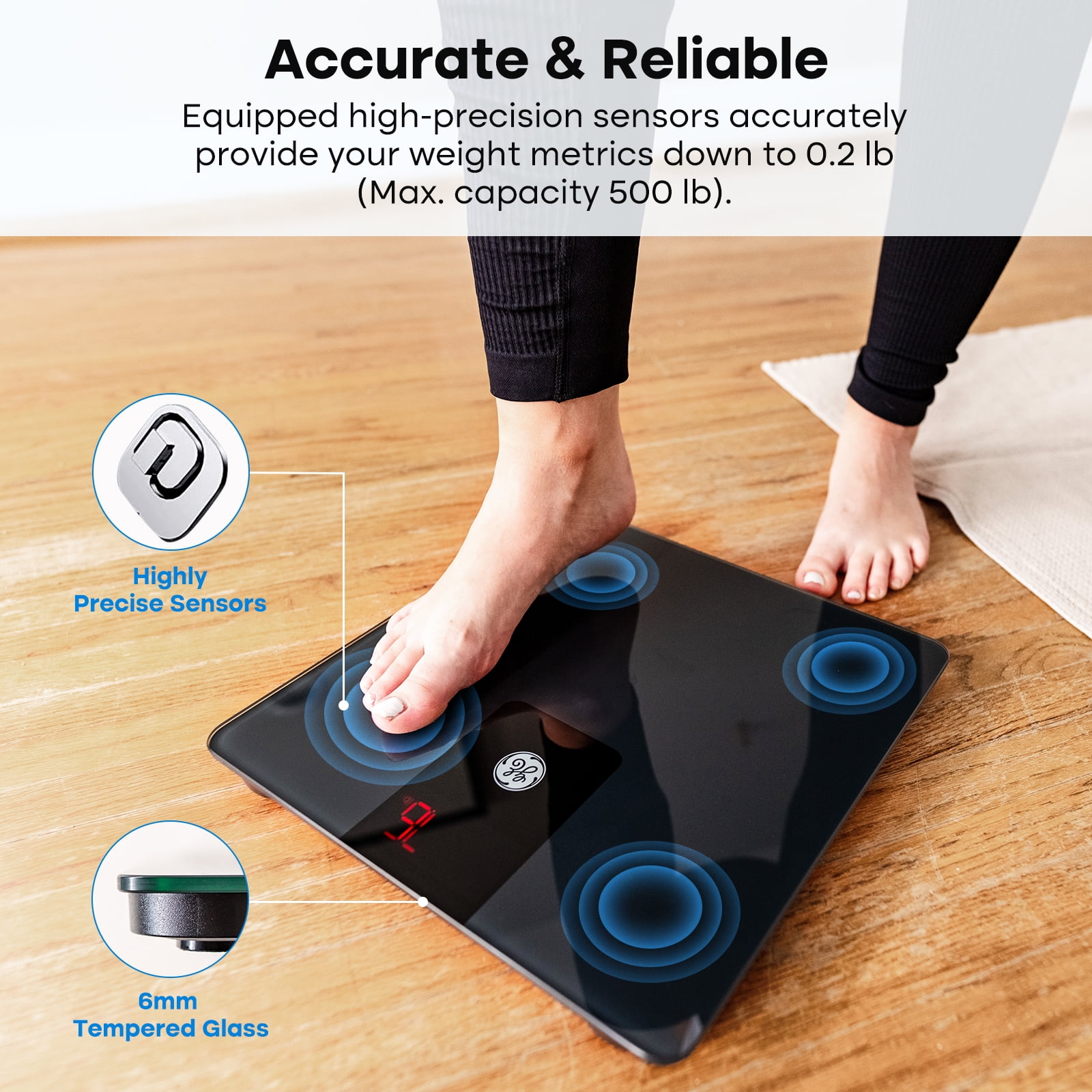 GE Bathroom Scale Body Weight Digital Body Weight Scale Smart BMI Weight  Scales for People Accurate Bluetooth Weighing Scale Electronic Weigh Scales  with Bright LED Display 500lbs Capacity Black 