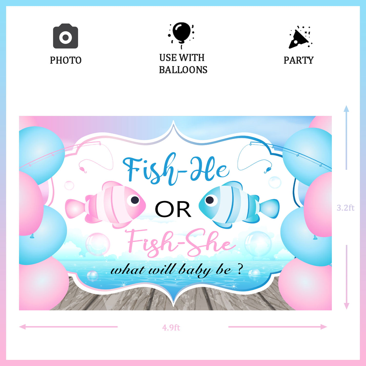 Gender Reveal Background, Fish She or Fish He Gender Reveal Banner Boy or  Girl Backdrop Blue Pink Gender Party Reveal Banner What Will Baby Be Banner  Baby Shower Photography Photo Booth 