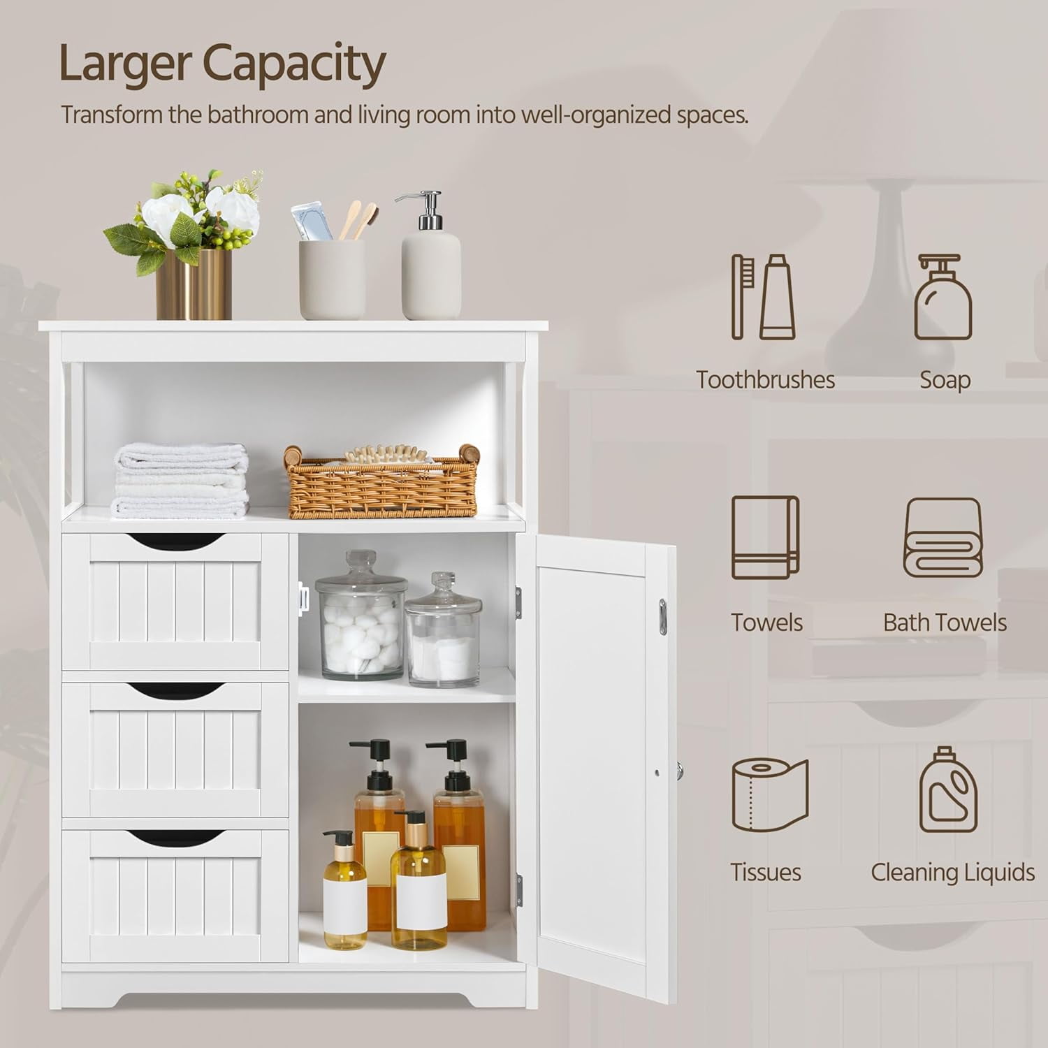 GMNIU Bathroom Storage Cabinet Bathroom Floor Cabinet Freestanding Storage and Organizer with Door, 3 Drawers, Adjustable Shelf, 35.5 Inches Height, White