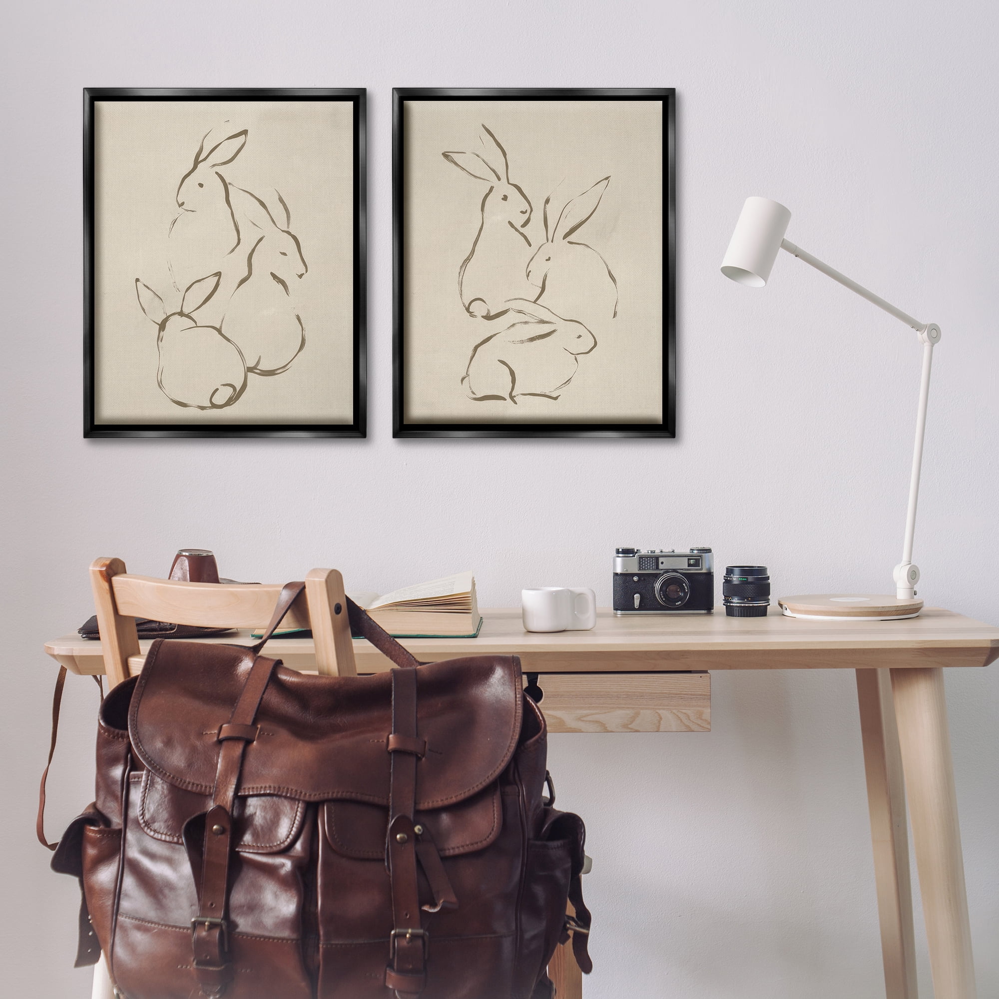 Stupell Industries Earthtone Sitting Rabbits Sketch Animals Drawing Black Floater Framed Canvas Art Print Wall Art, 31 x 25, Set of 2