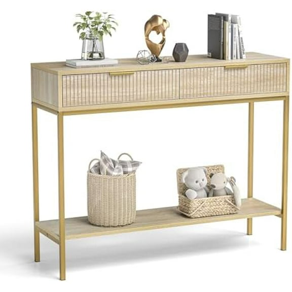 Console Table with 2 Drawers, 2-Tier Wood Sofa Table with Open Storage Shelves, Narrow Entryway Table with Fluted Patten for Living Room, Hallway, Foyer, Natural