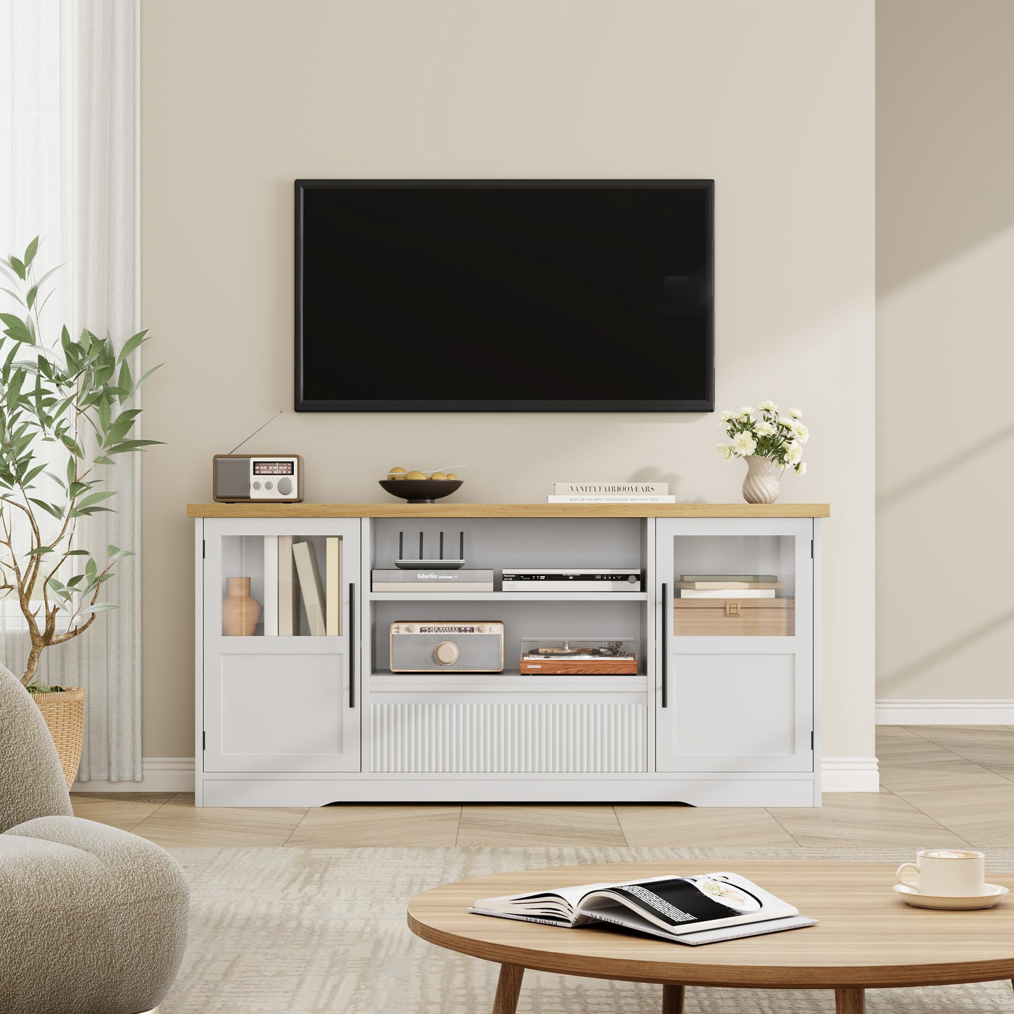 Luku 72" TV Stand, Farmhouse Entertainment Center with Wave Pattern, 2 Glass Door Cabinets & Open Storage