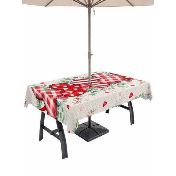 Outdoor Tablecloth with Umbrella Hole and Zipper, Valentine's Day Rectangle Table Cloth 60x102 Inch Waterproof Tablecloth, Red Love Heart Eucalyptus Romance Buralp Picnic Table Cover for Patio