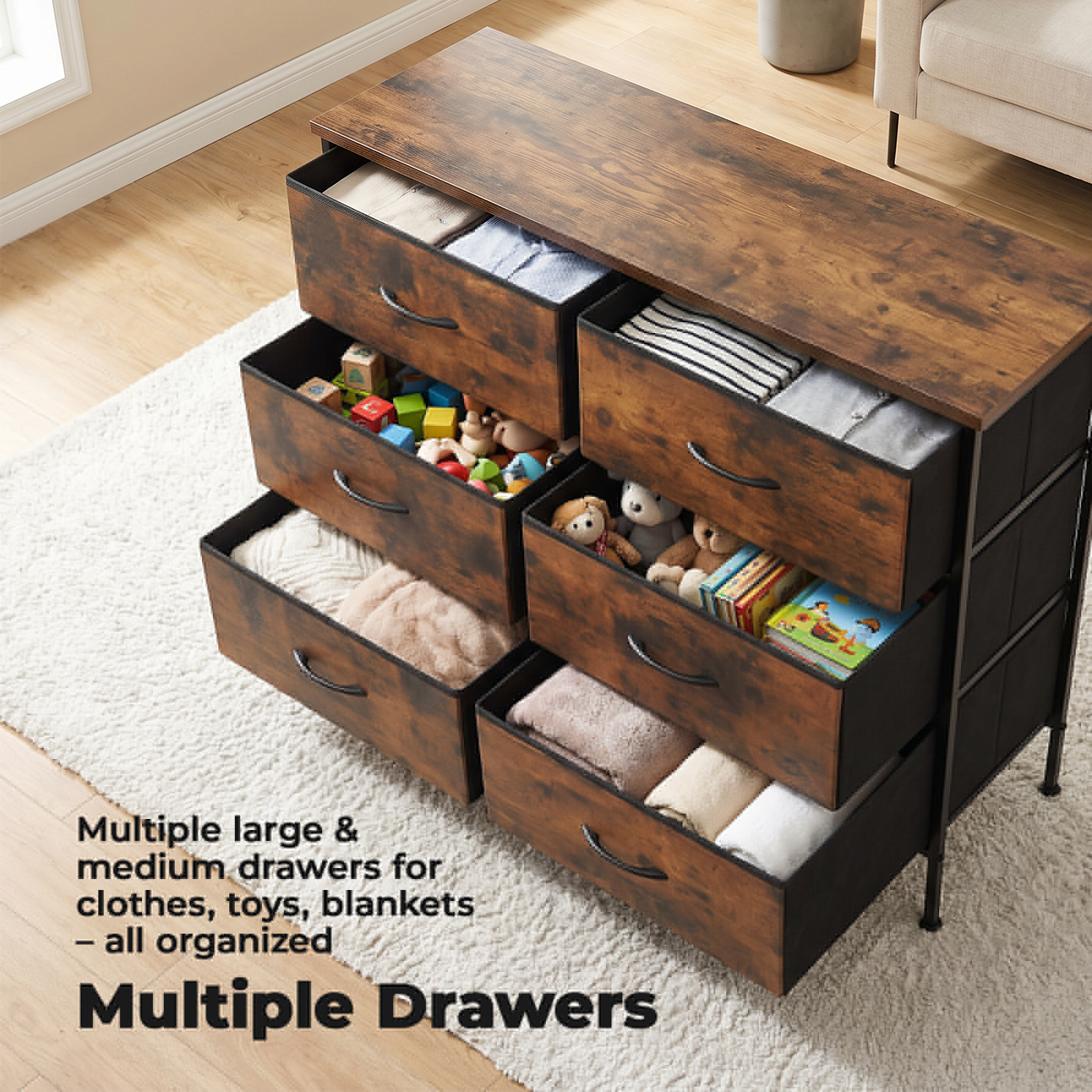 Alvantor Tall Dresser Fabric Storage Tower ,Wooden Top for Kid Room, Closet, Entryway, Nursery