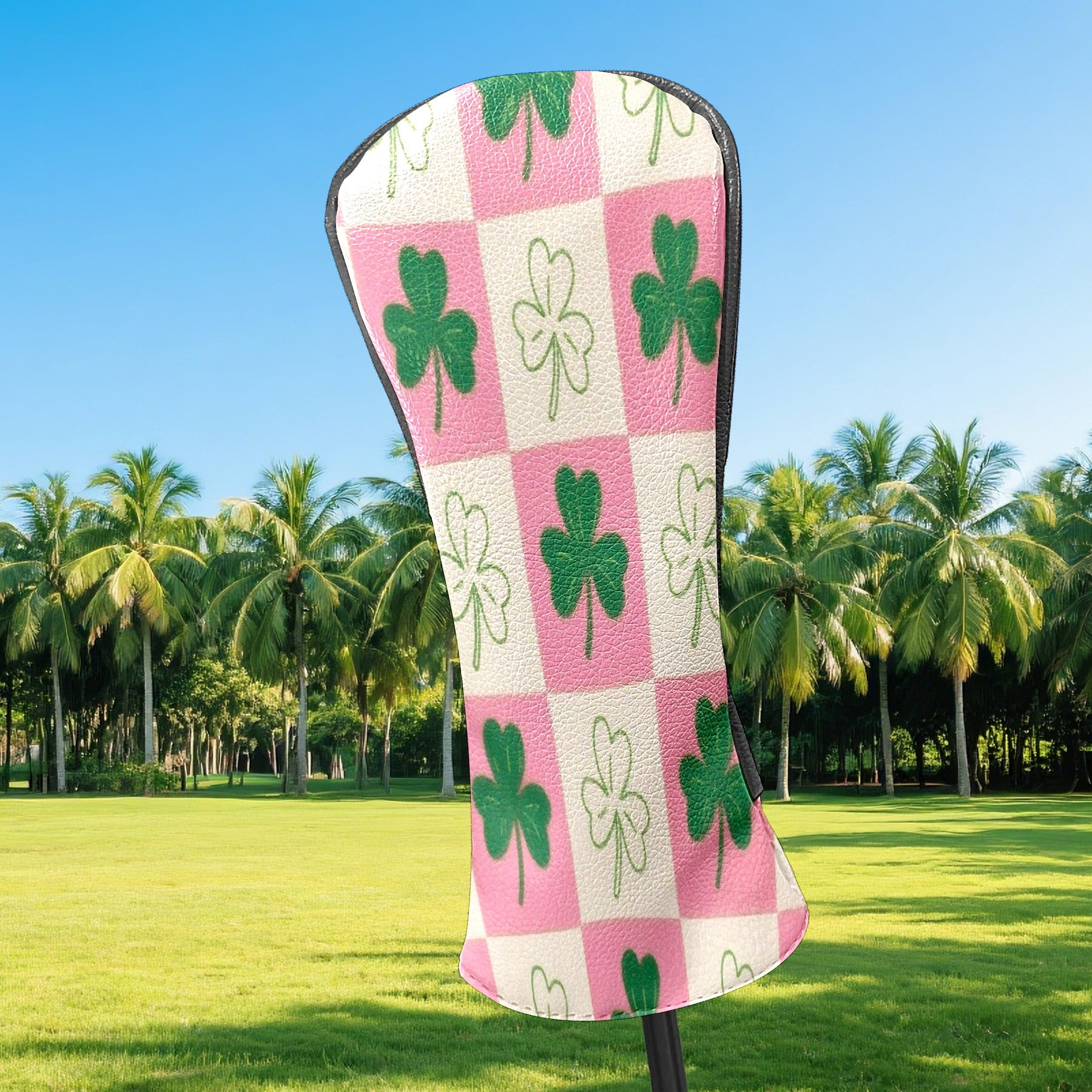 Golf Club Head Cover Waterproof Leather Golf Accessories HeadCovers Set Driver Headcover for Women Men Green White Clover Check