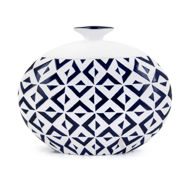 Benzara Short Neck Round Patterned Vase With Geometric Design Large White And Blue Com Benzara Short Neck Round Patterned Vase, Round White Vase Large