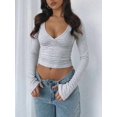 thumbnail image 5 of Women's Light Grey Deep V Neck Knit Long Sleeve Top Regular Fit Casual Sweater, 5 of 11