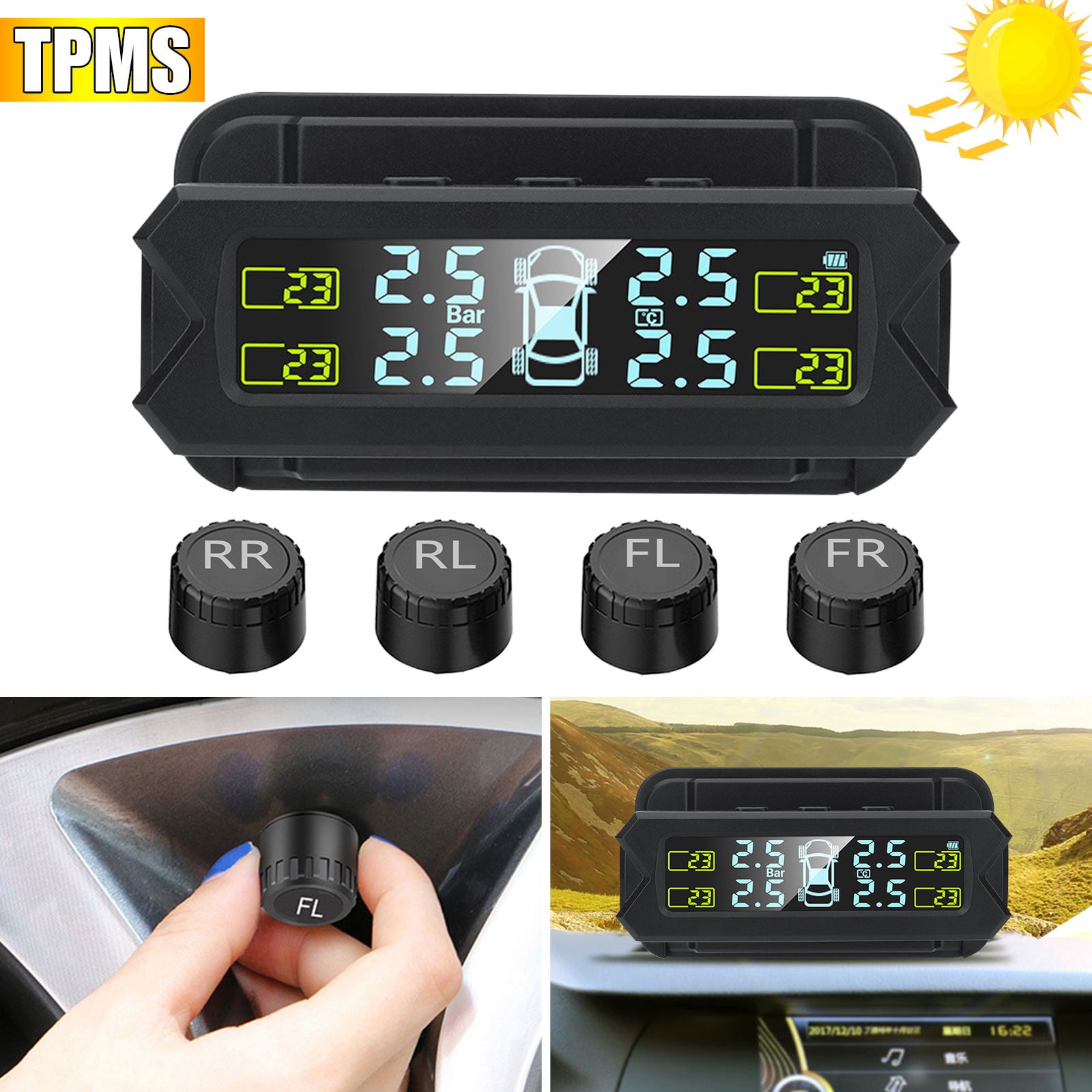 External Sensor TPMS Wireless Solar Car Tire Pressure Monitor with 4 Sensors LCD Display Real-time Alarm 