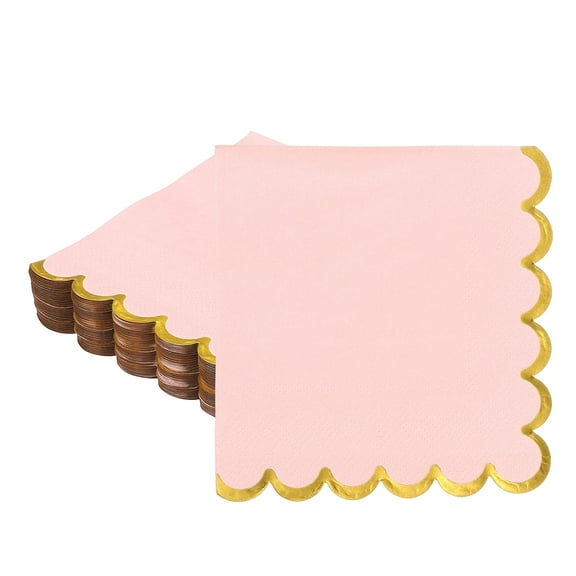 Uxcell 50 Pcs Scalloped Cocktail Napkins with Gold Foil Edges, 5 x 5 Inch Disposable Scalloped Paper Napkins for Wedding Engagement Anniversary Party Tableware Decorations, Light Pink