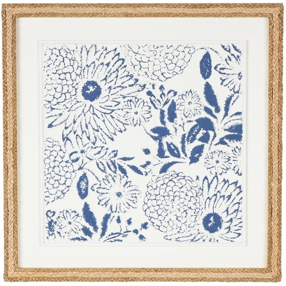 DecMode Blue Wood Handmade Relief Floral Wall Decor with Brown Woven Seagrass Frame and White Backing