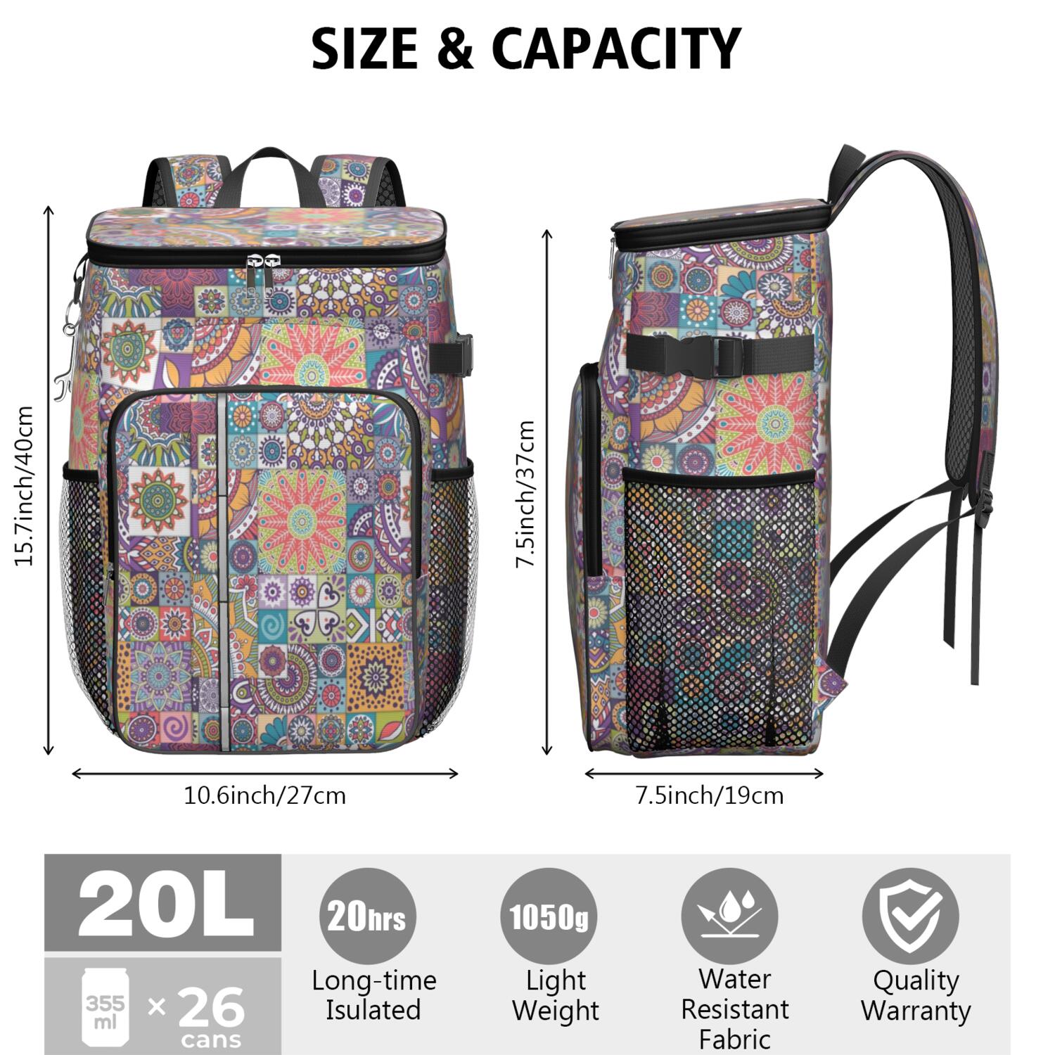 Travel Cooler Bag - Boho Bohemia Flower Camping Beer Cooler Backpack with Bottle Opener- Waterproof Insulated Picnic Backpacks - Cooler Bag for Beach