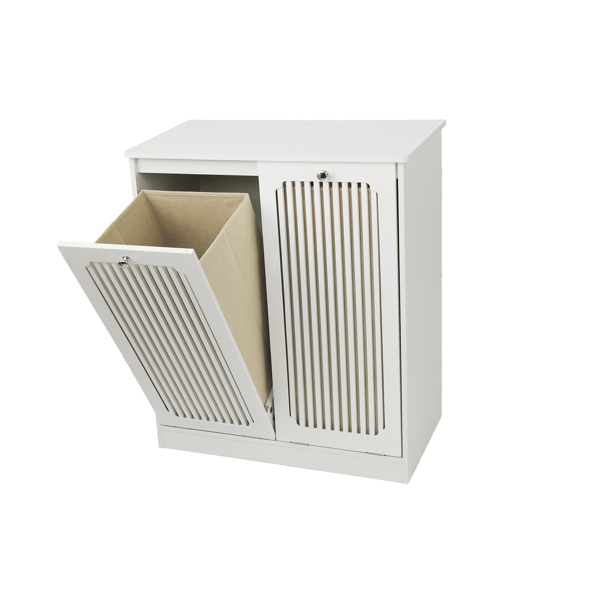 Leumius Flip-top Louvered Laundry Basket Cabinet, Household Double-Section Fabric Laundry Storage Cabinet for Balcony and Bathroom White