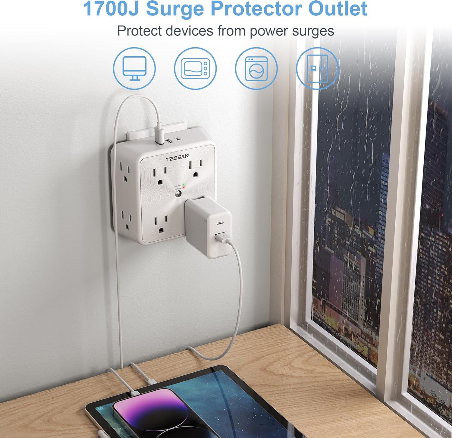 Sur Protector 8 Outlet Extender, Multi Outlet Splitter with 3 USB Wall Charr (1 USB C), 3-Sided Multiple Plug Power Strip 1700J, Charging Station for Home Office Dorm Room Essentials