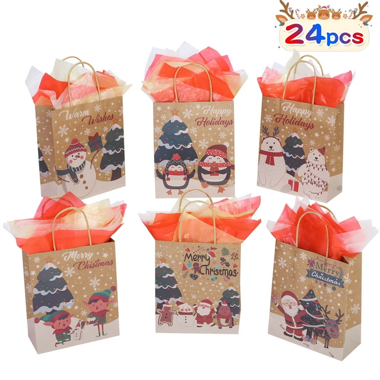 24X Christmas Holiday Kraft Paper Candy Bags with Handles Goodie