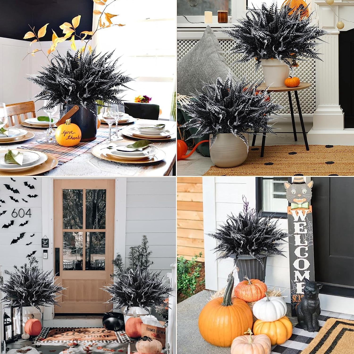 4PCS Artificial Boston Fern Fall Plant Fake Bushes Shrubs Outdoor Greenery UV Resistant Plants Faux Plastic Plants for Home Garden Indoor Fall Thanksgiving Autumn Decor (Black White)