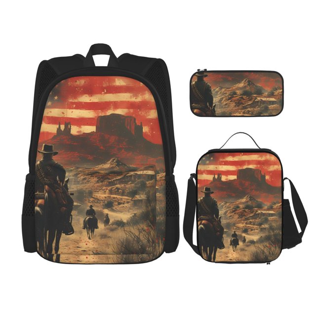 Easygdp 1860s Style American Cowboy Mochila para Niños y Niñas con Set de Caja de Almuerzo y Estuche para Lápices 3 en 1, Mochila Escolar Estampada para Adolescentes