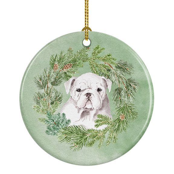 Bulldog Puppy White Christmas Wreath Ceramic Ornament 2.8 in x 2.8 in