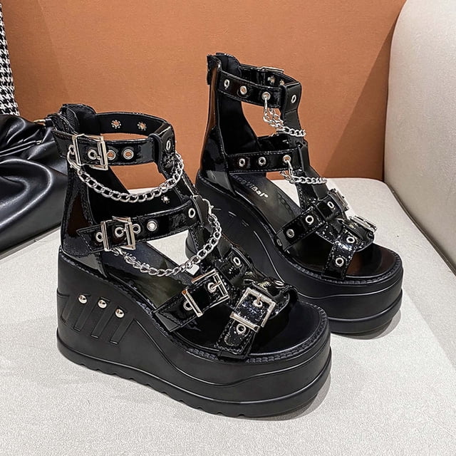 RKSTN Sandals for Women Summer Punk Platform Sandals Open-Toe Metal Buckle Back Zipper Sandals Soft Comfortable Sandals