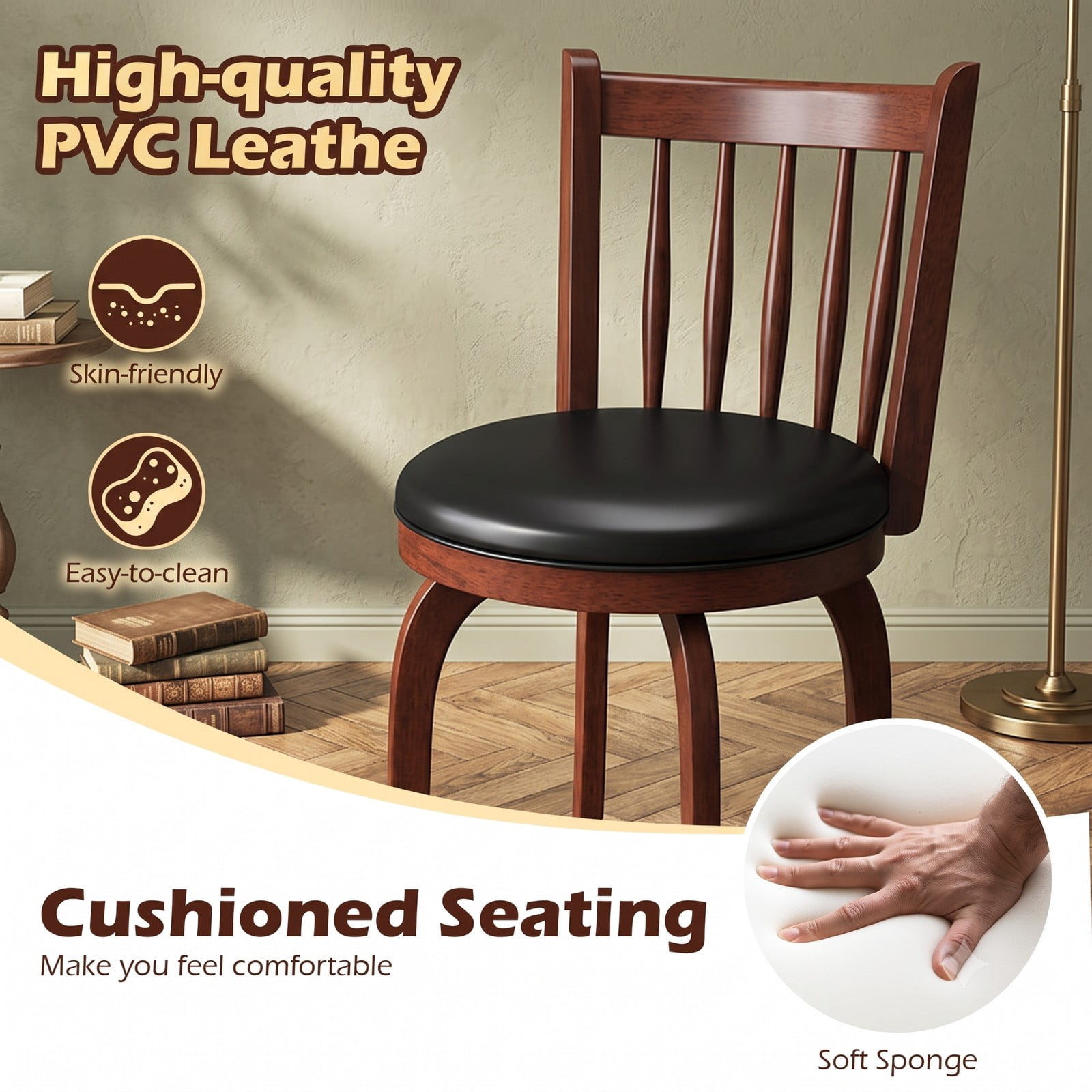 Furnibear Swivel Bar Stools Set of 2, 24 Inch Counter Height Faux Leather Upholstered Barstools with Curved Backrest and Footrest for Kitchen, Espresso and Black