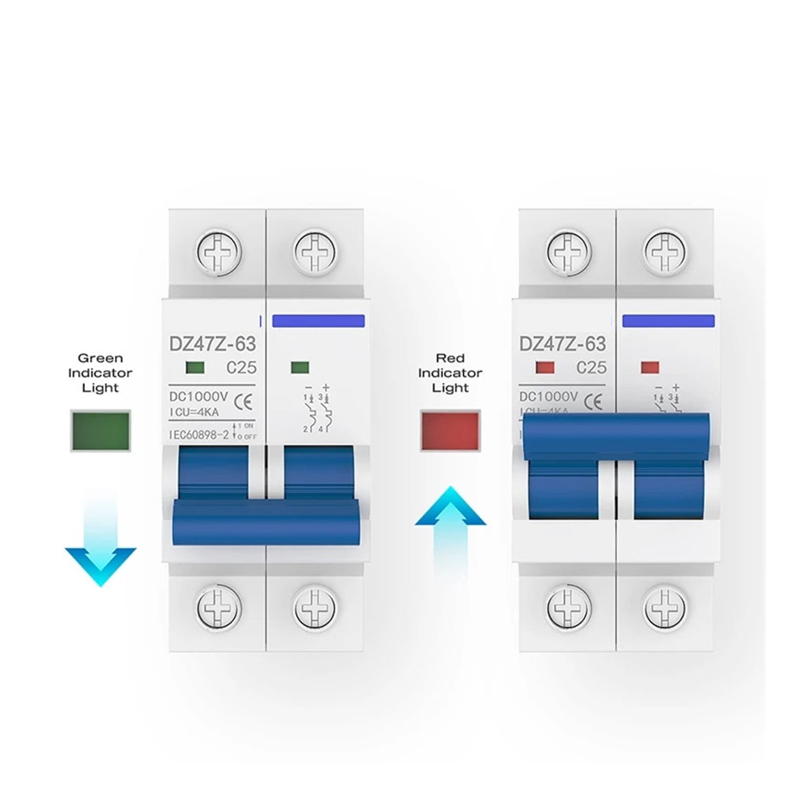 2 Pole DC Miniature Circuit Breaker 10A 16A 20A 25A 32A 40A 50A 63A 1000V Thermal Magnetic Trip Din Rail Mount Switch