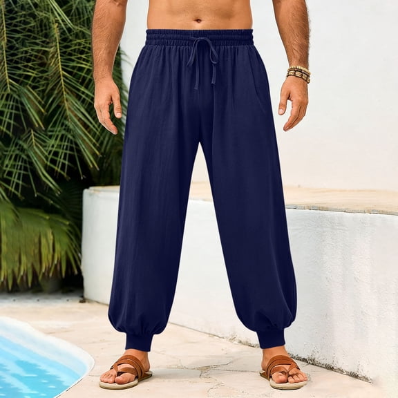 Kalauyu Mens Linen Yoga Pants Elastic Waist Drawstring Summer Beach Loose Fit Casual Tapered Trousers