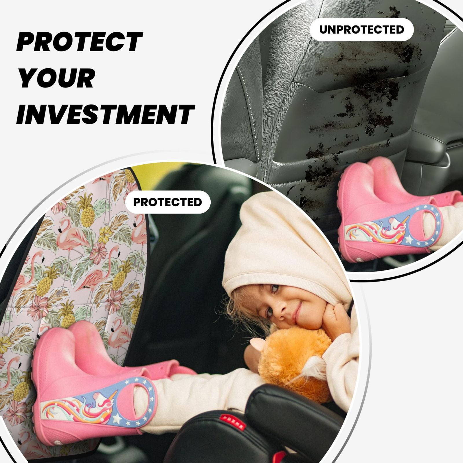 Kdxio Tropical Flamingo Pineapple Print 2 Pack Car Kick Mat Seat Cover Back Protector Mat with Pockets for Organizer Backseat Protector and Storage Anti Kick Pad for Vehicles