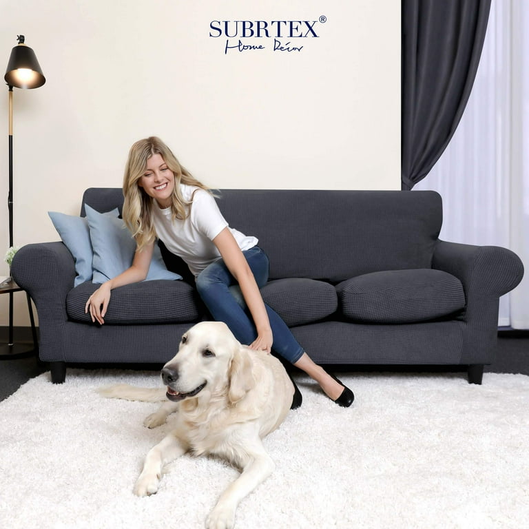 Subrtex Stretchy Sofa Slipcover with Separate Cushion Cover for Living Room Textured Grid Design Gray Sofa Walmart