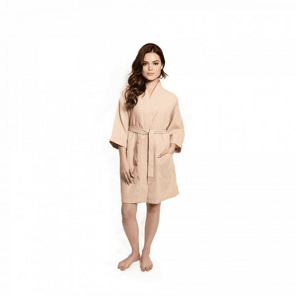 Women's Short Waffle Kimono Beige Bathrobe (One Size)