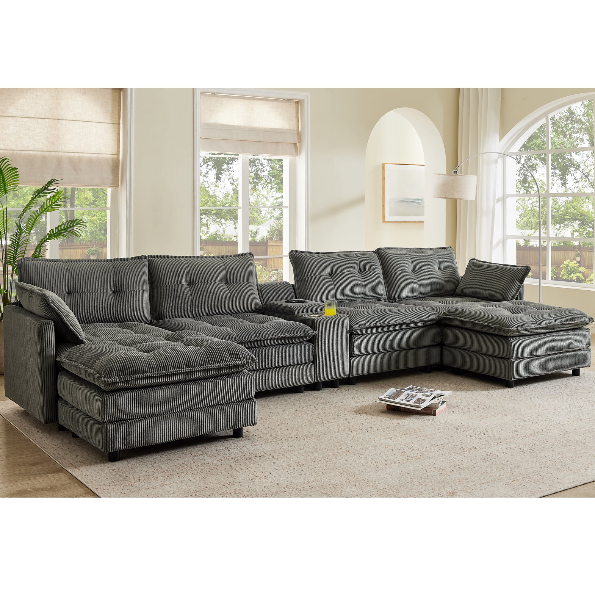 Gewnee 154" U-Shaped Sectional Sofa,Modern Corduroy Modular Sofa Couch with Storage Function,USB &Cup Holders,Movable Ottoman Sectional Couch for Living Room,Gray