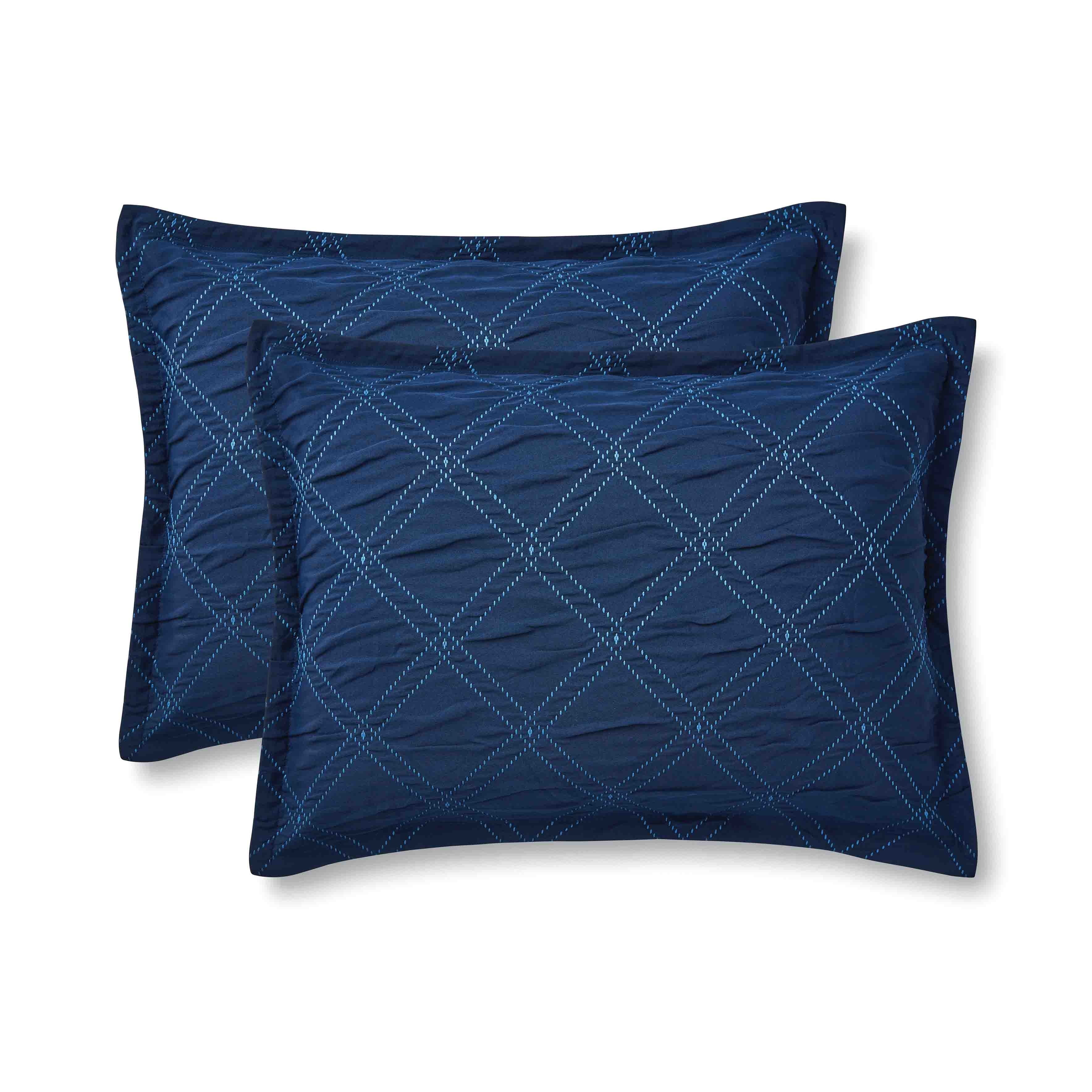 Mainstays 5-Piece Reversible Comforter Set Navy Cross Stitch Bedding with Decor Pillow and Throw, King