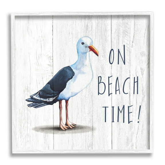On Beach Time Phrase Nautical Seagull Rustic Bird Animals & Insects Framed Art Print Wall Art, 17x17