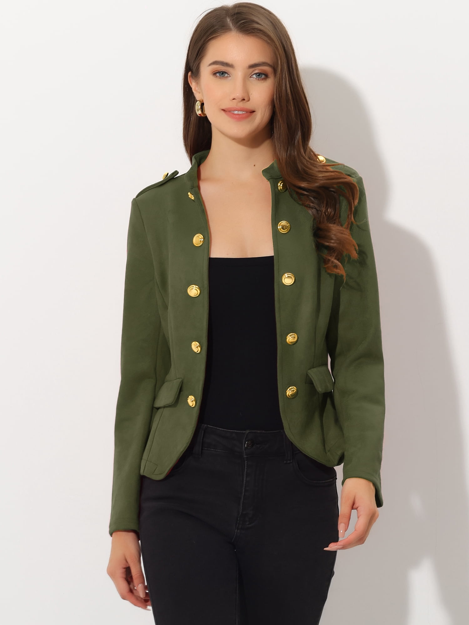 DARING DIVA Faux Suede Long Sleeve Button Decor Steampunk Jacket M Green