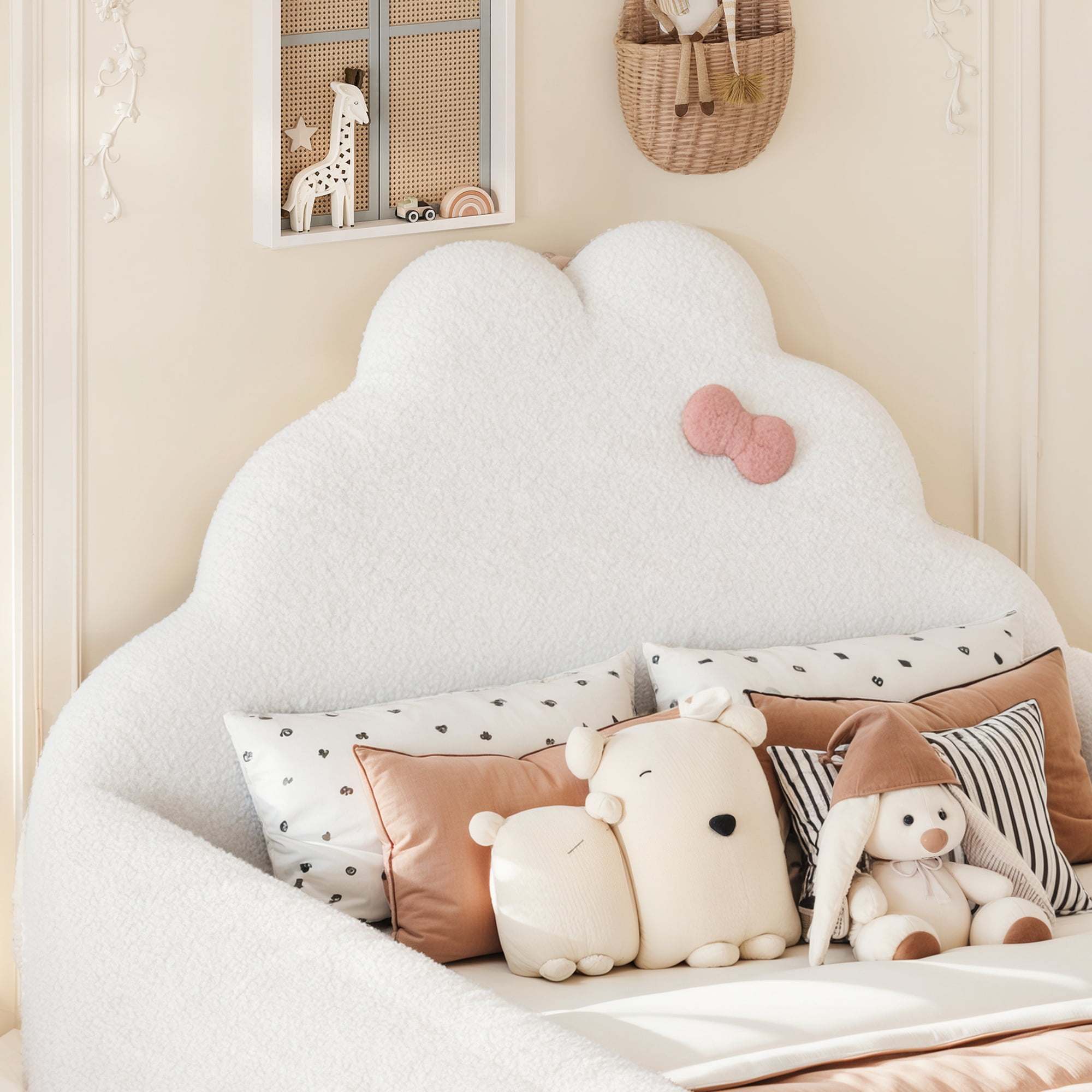 HOQBN Full Size Upholstered Floor Bed Frame, Soft Padded Upholstered Kids Bed, Safe Children Bed Frame with Side Storage Pocket for Bedroom White