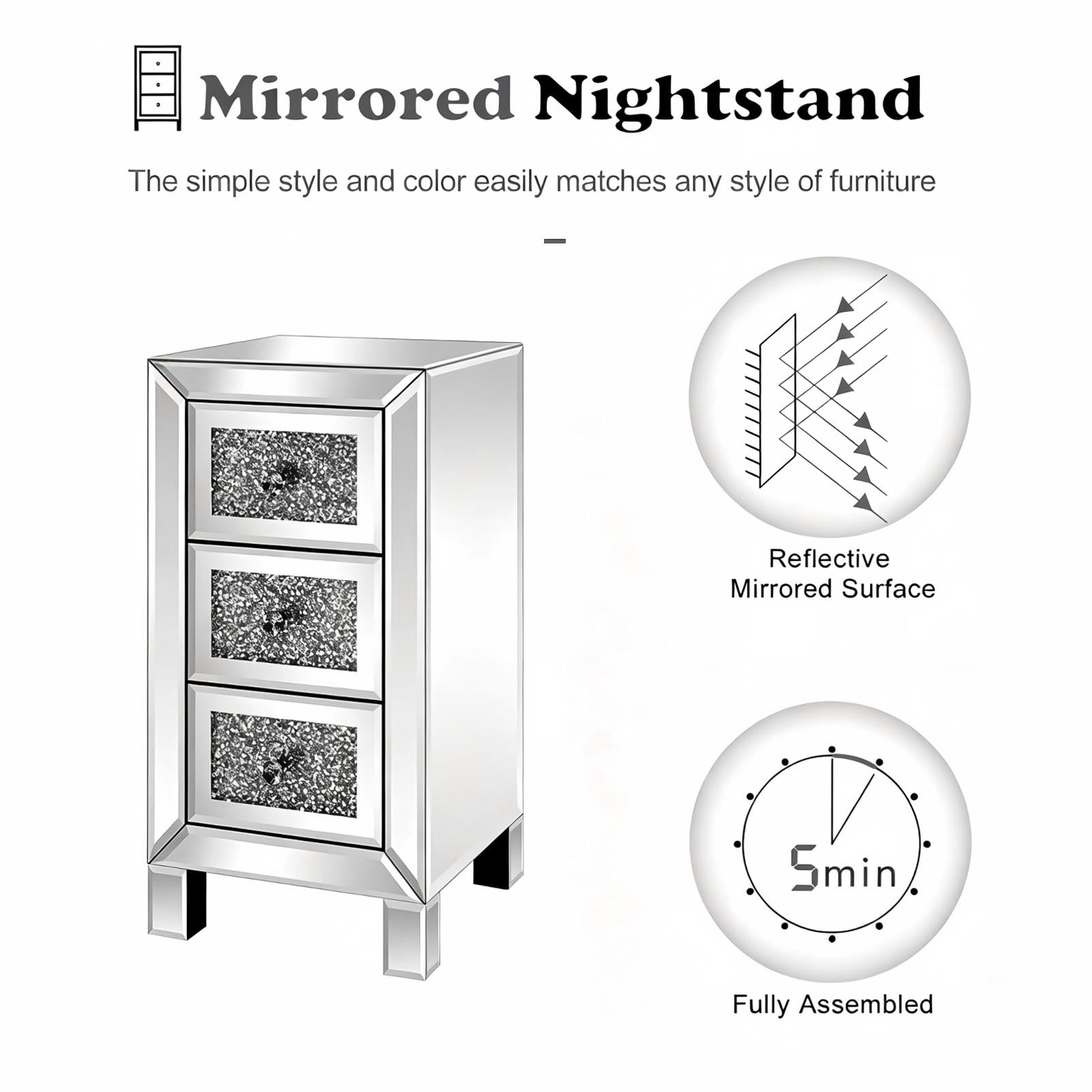 3-Drawer Mirrored Nightstand with Crushed-Diamond Drawer Fronts, Slim Bedside Table for Bedroom, Dressing Room, or Guest Room