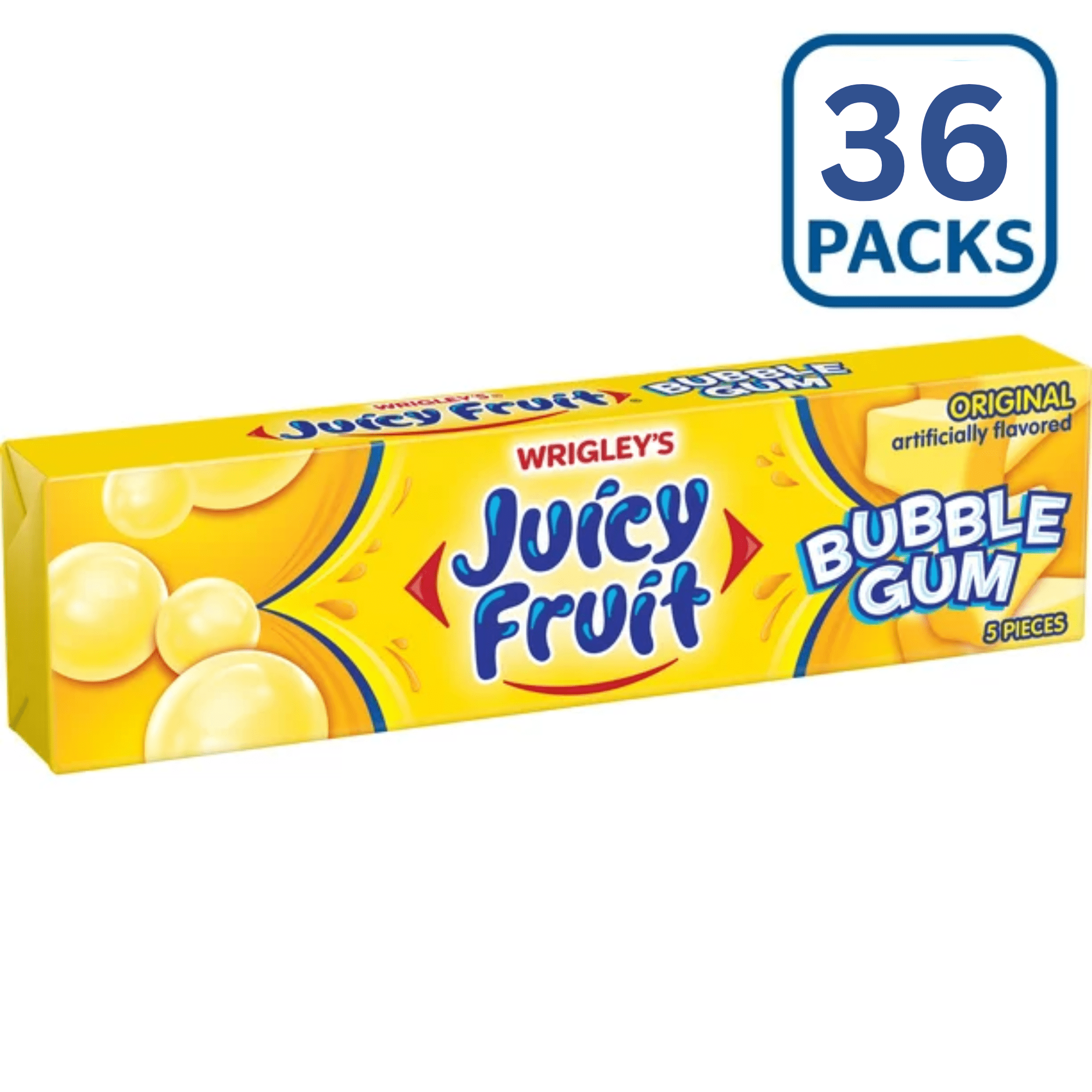 JUICY FRUIT Original Bubble Chewing Gum, 5 Count (Pack of 36) Double Up Mouthwatering Delicious.