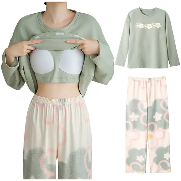 Tnhcen Two-Piece Ladies' Pjs Set with Breast Pads Long Sleeve Adorable Nightdress Cozy Loungewear M-3XL