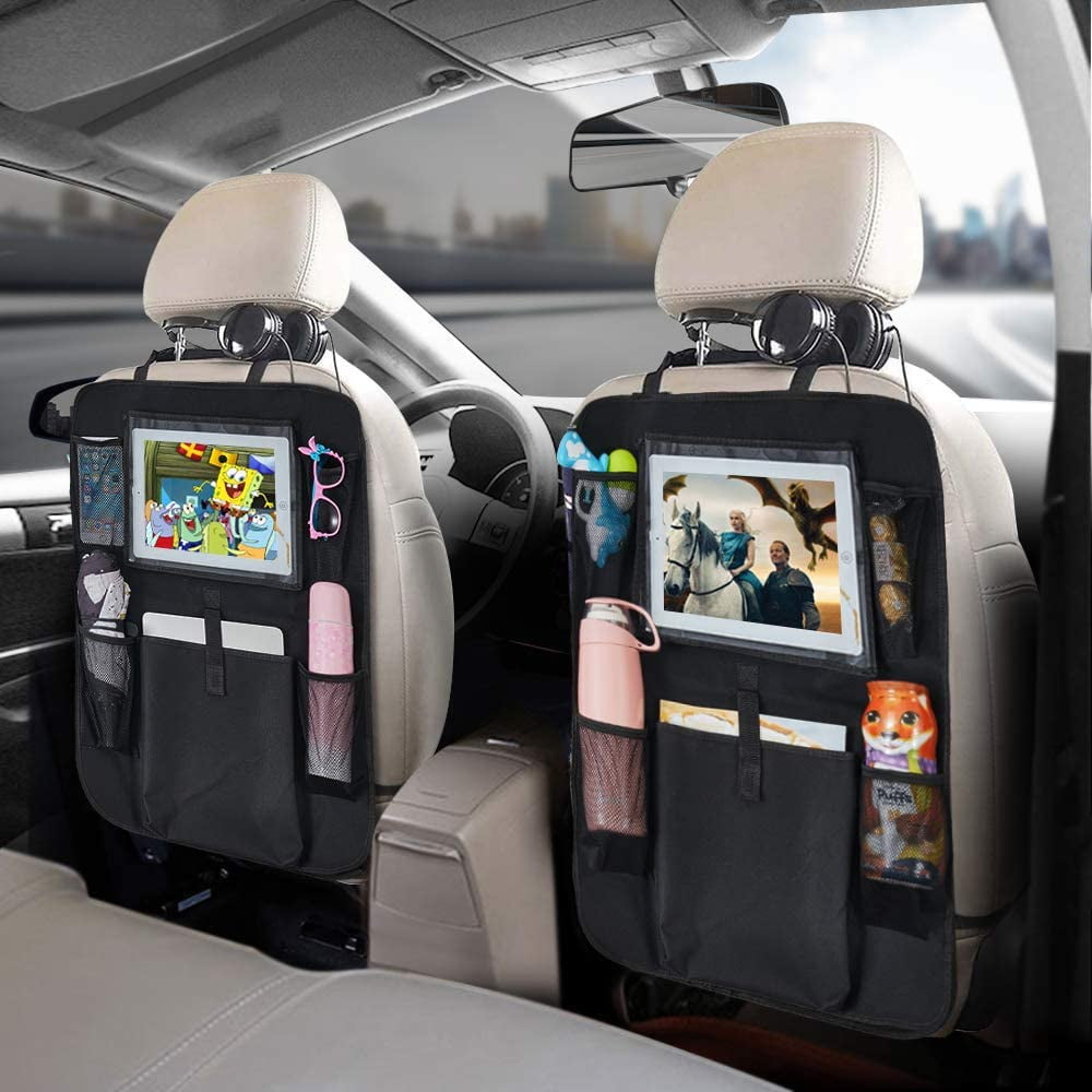 Update Version 2 Pack Car Backseat Organizer Foldable Car Seat Back Protectors with Touch Screen Tablet Holder Tissue Box Car Storage Organizer with 8 Storage Pockets Earphone/Charging Hole for Car Travel 