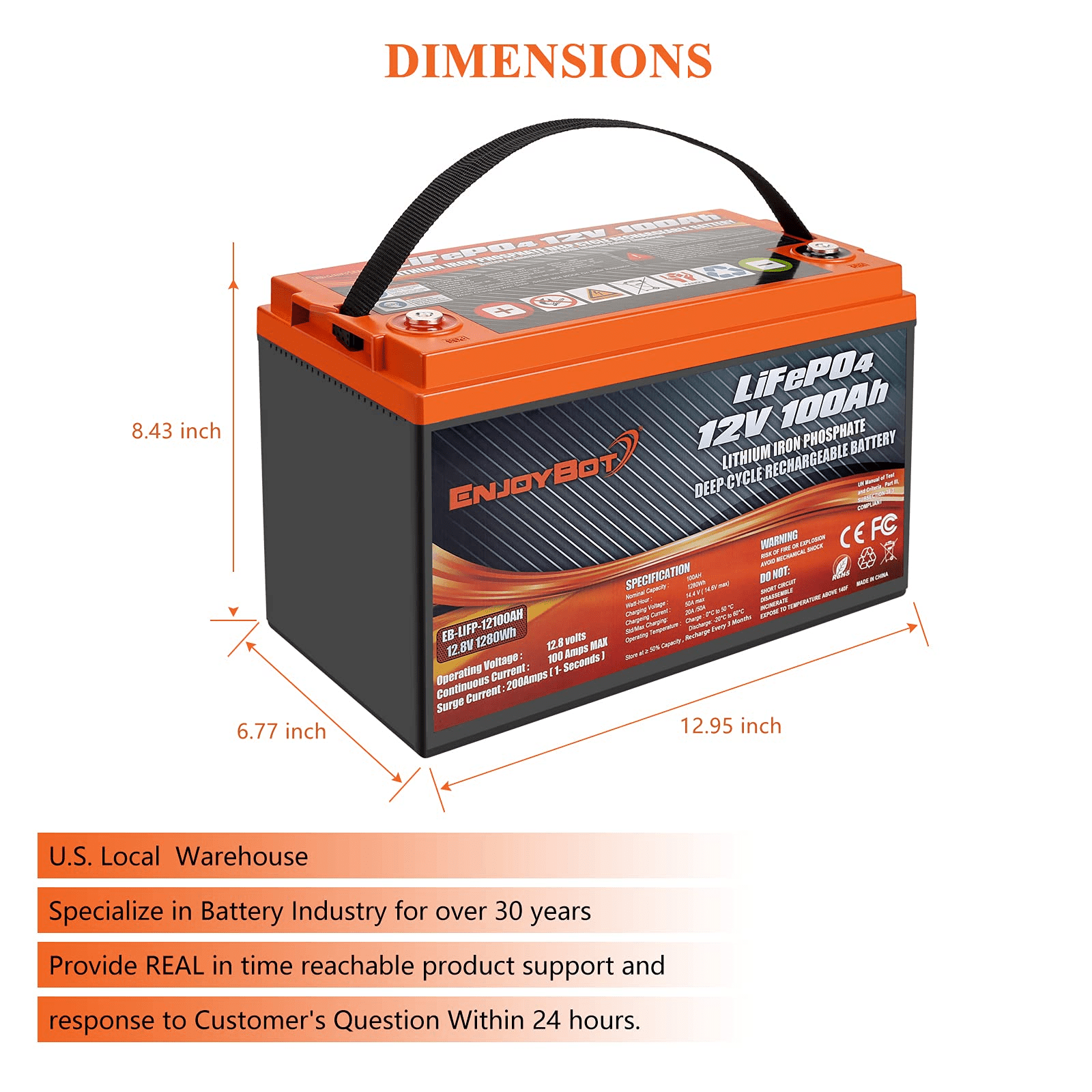 Enjoybot 12V 100Ah Lithium Battery LiFePO4 Deep Cycle, Built-in 100A BMS,  2000-5000 Cycles, for RV, Boat, Golf Cart, Car, Solar Power Backup, Marine,  off-Grid, Replace for SLA/AGM 