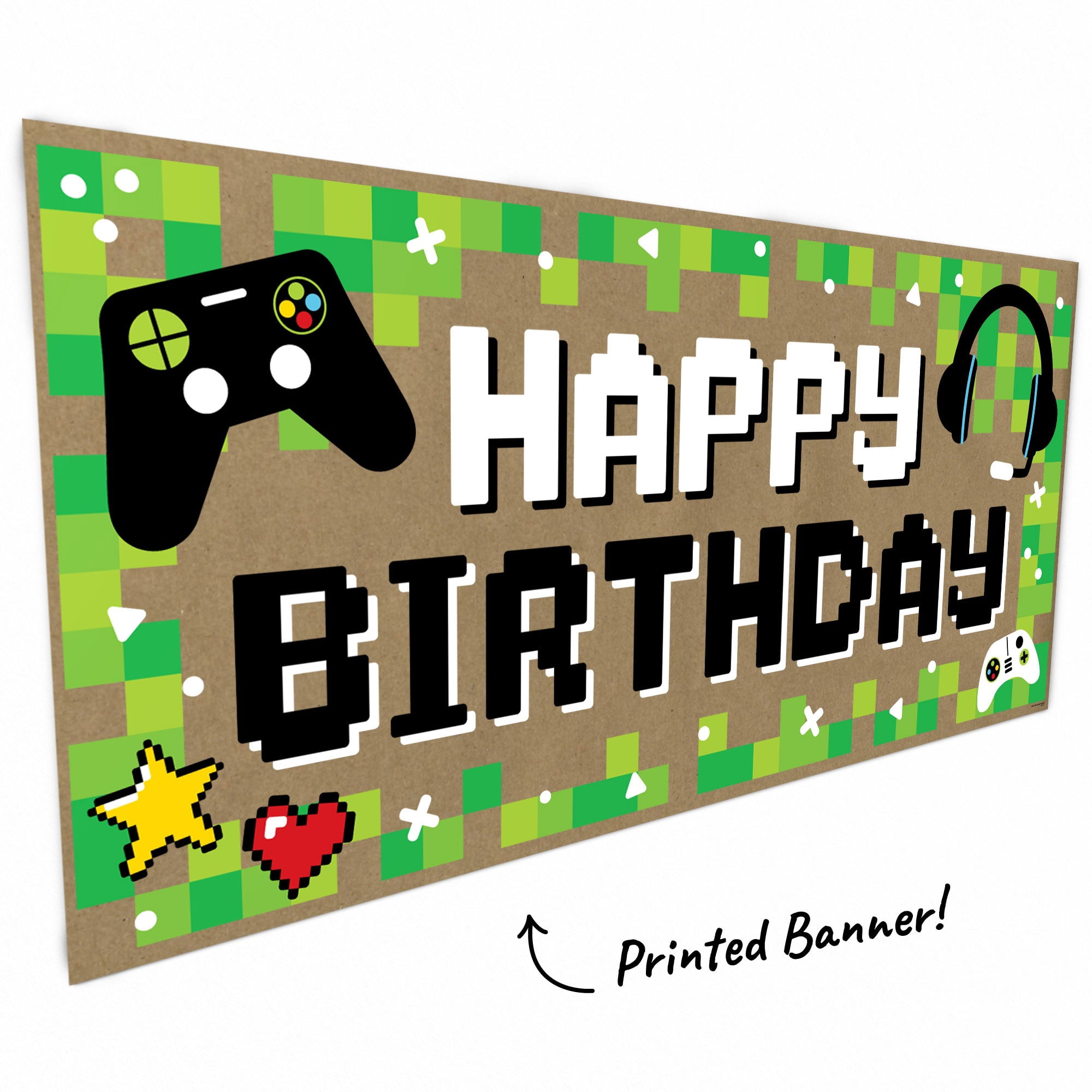 Big Dot of Happiness Video Game Kraft Paper Banner, Pixel Game Zone Happy Birthday Party Banner, Printed Brown Paper Party Sign Decoration – 1 Count