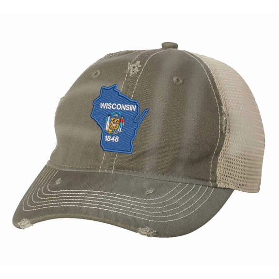 Wisconsin Cap - Distressed State Flag Design - Vintage Badger State Trucker Strapback Hat (Olive)